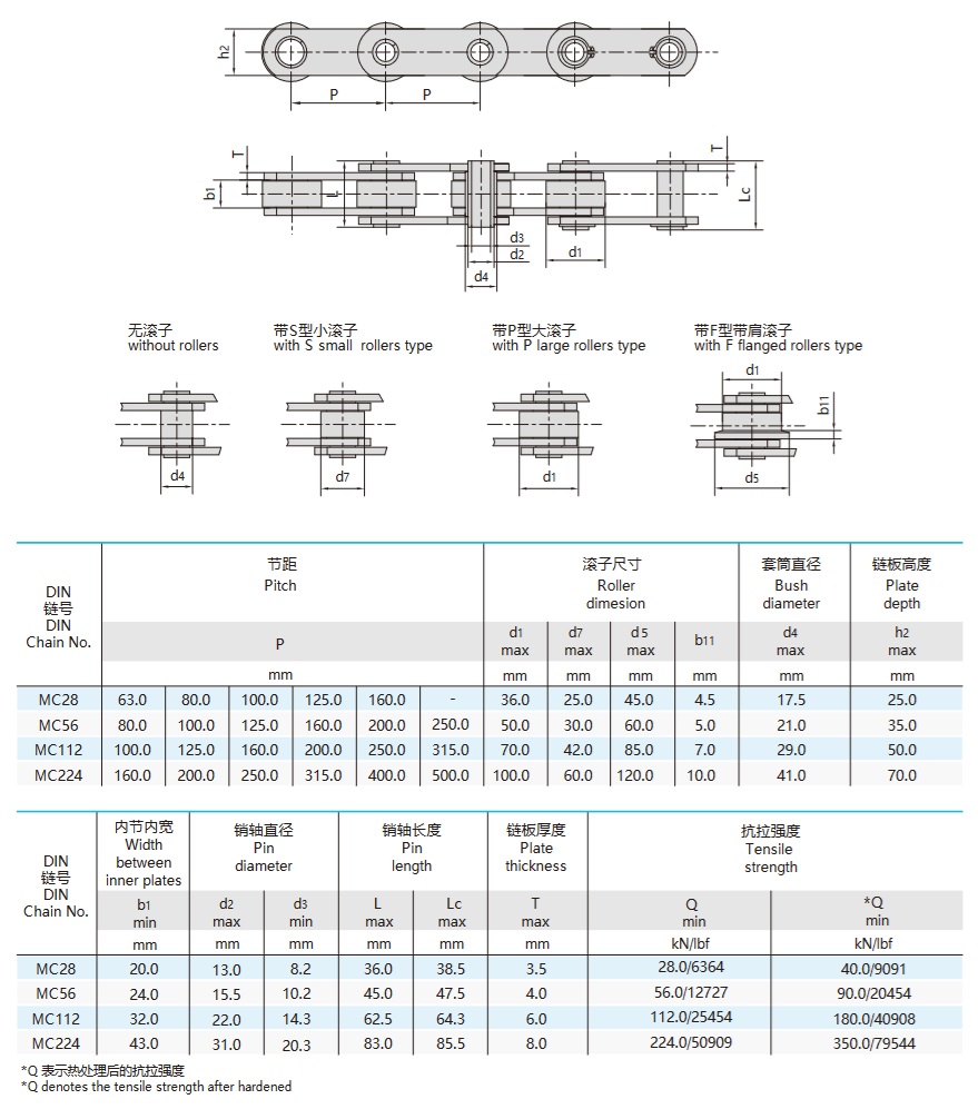 mc serijos metrinės tuščiavidurės kaištinės konvejerių grandinės kategorija